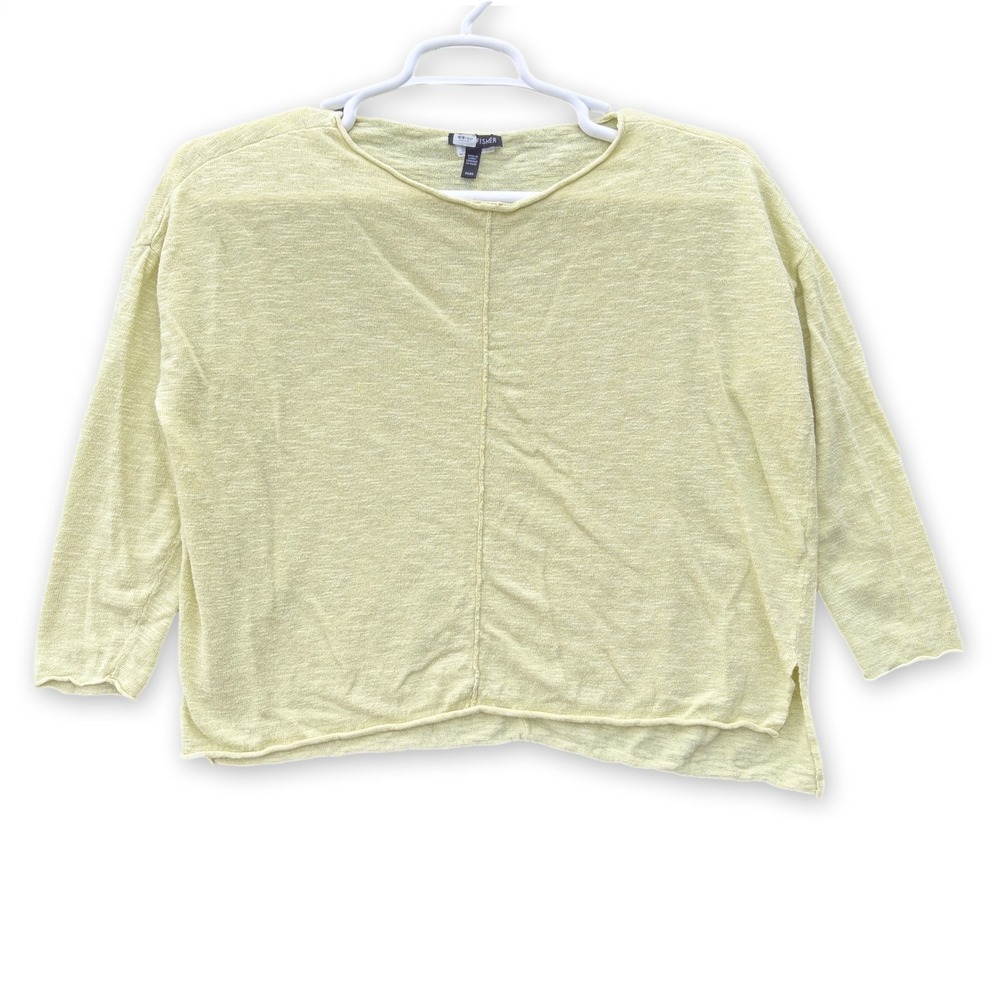 Eileen Fisher Sweater Womens Medium Yellow‎ Slub Knit Boxy Boat Neck 3/4 Sleeve